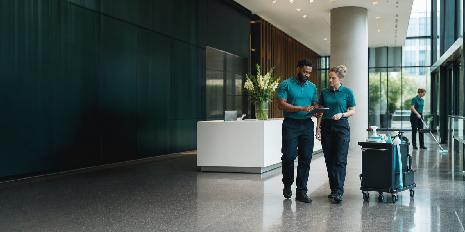 Commercial cleaning team preparing a modern workplace